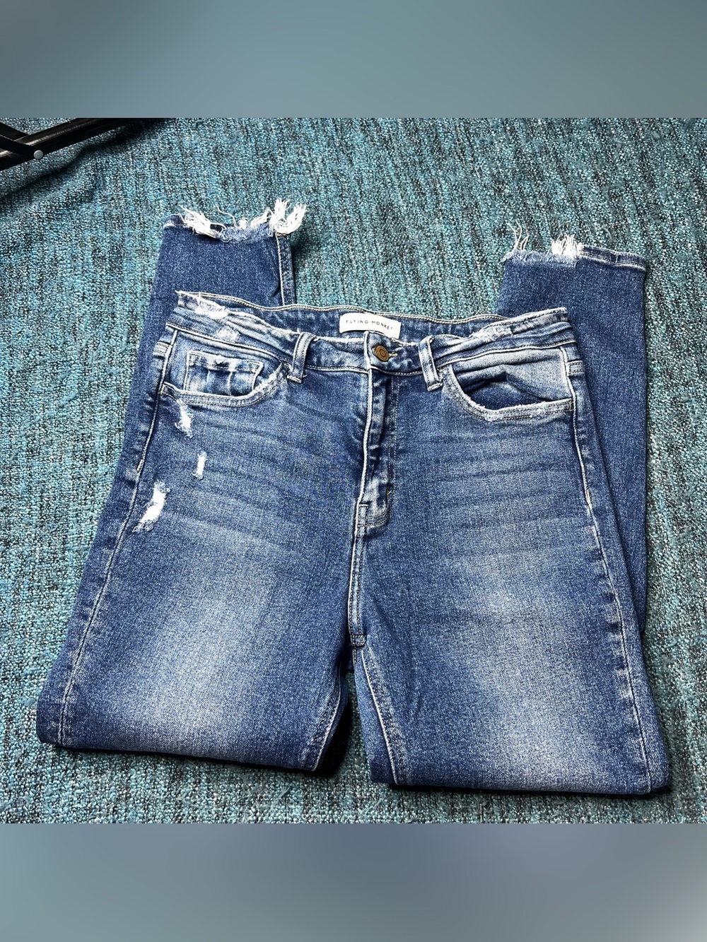 Flying Monkey High Rise Distressed Hem Jeans Women's Size 29 Blue Denim